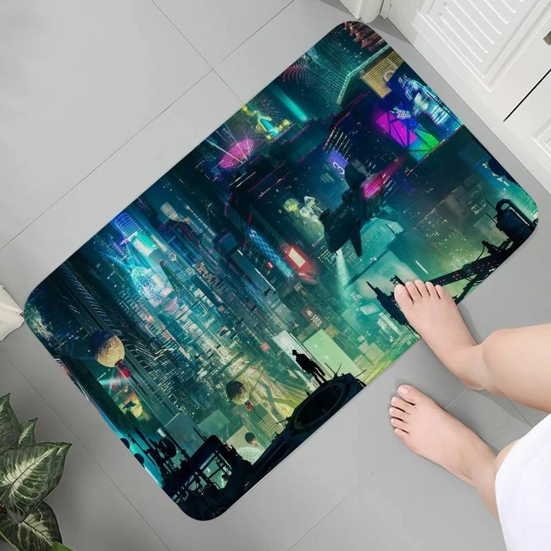 

Washable Entrance Living Room Carpet Flannel Rug Hallway Doormat Mats Decoration Anime Colorful Neon City Room Carpets