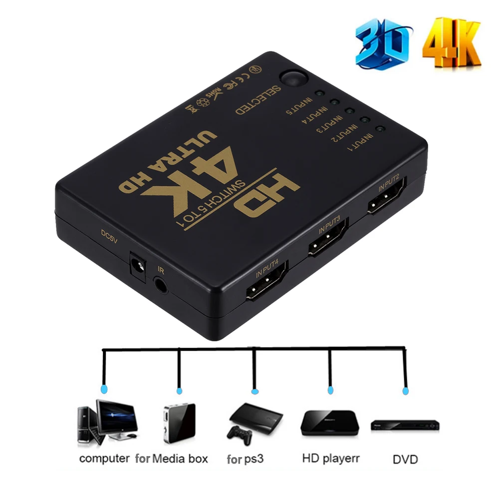 

4K x 2K@30Hz Full HD 1080P HDMI-compatible Switcher 5x1 Video Switcher For DVD Player TV Case Computer Multimedia