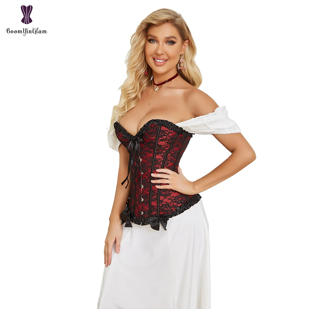

Women Sexy Red Blue Lace Bustier Elastic Boned Overbust Steam Punk Plus Size Corset Top Korset #805