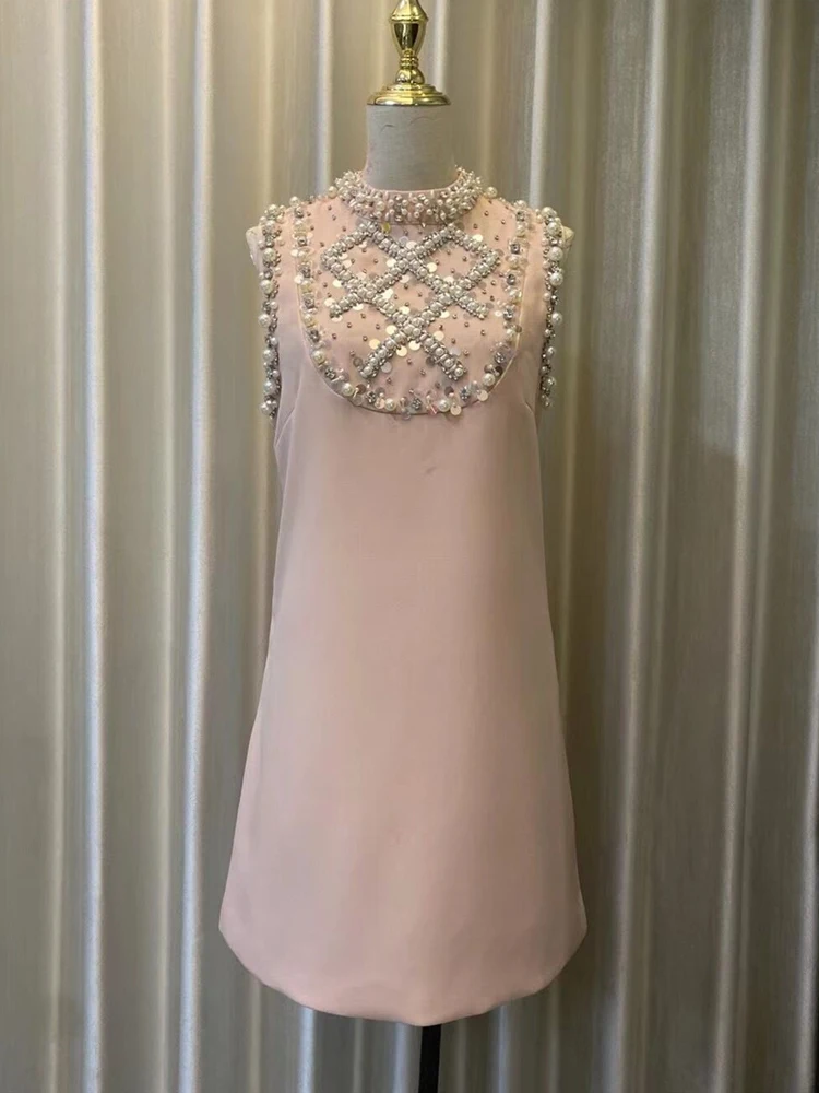 

New Fashion 2023 Women Summer Sleeveless Embroidered Diamonds Pearls Sequined Beading Pink Casual Party Mini Dress