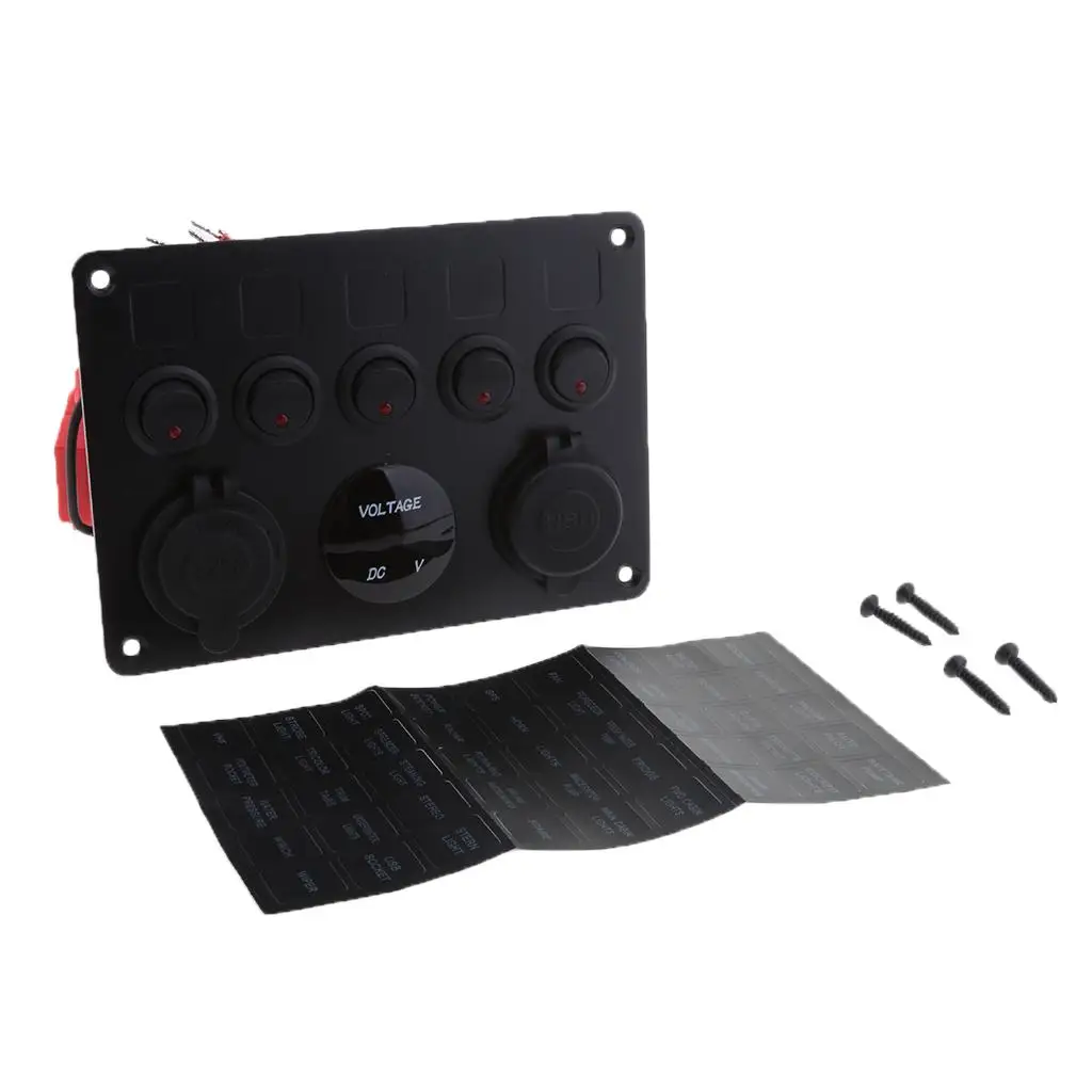 

Red LED Dual USB Port Charger Voltmeter 5 Gang Toggle Switch Panel