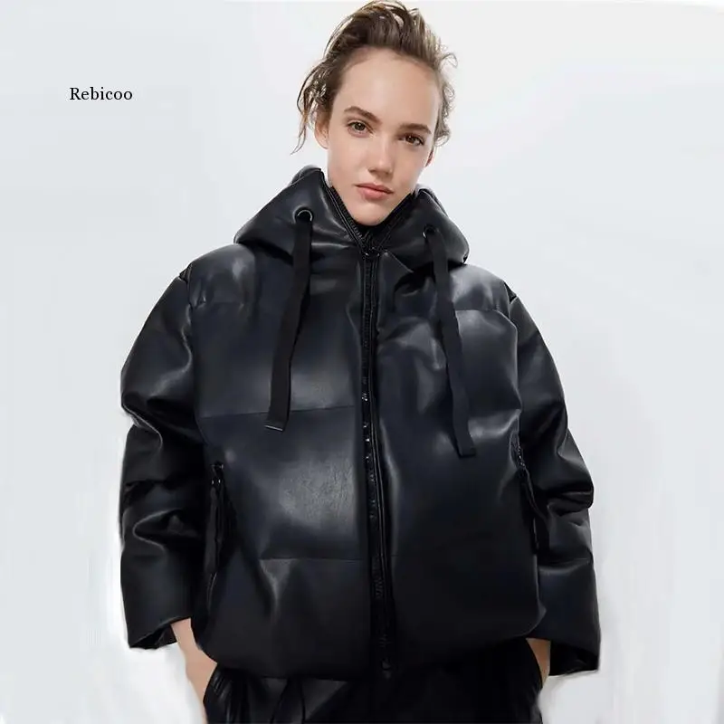 

women PU leather Parkas jackets and coats Hooded Faux Leather Zipper warm Cotton Jackets for Female Ladies