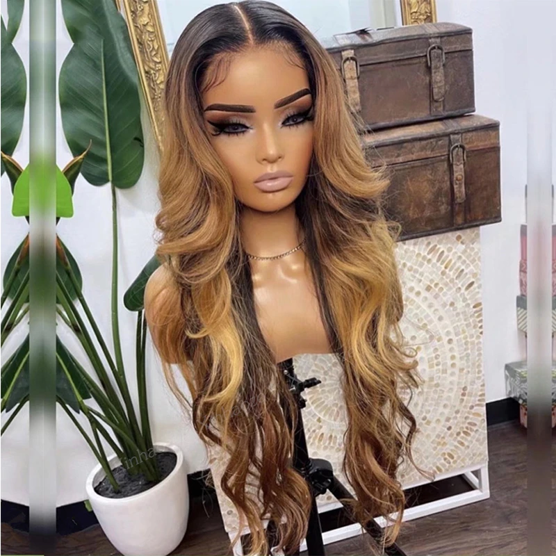 

26 inch Full Lace Wig Ombre Honey Blonde European Human Hair Body Wave For Women Baby Hair Preplucked Remy Glueless Daily