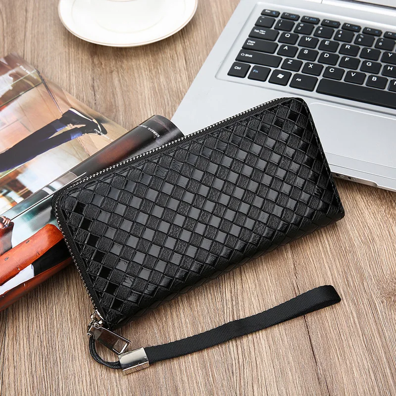 Woven Pattern Purses Men's Long Fashion Business Wallet Large Capacity Handstrap Mobile Phone Clutch