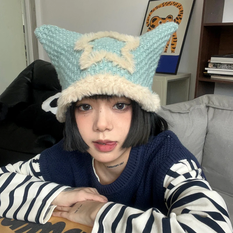 

Plush Cat Ears Beanies Hat Men Japanese Niche Unique Pentagram Knitted Cap Winter Warm Funny Cute Horn Hats for Men and Women