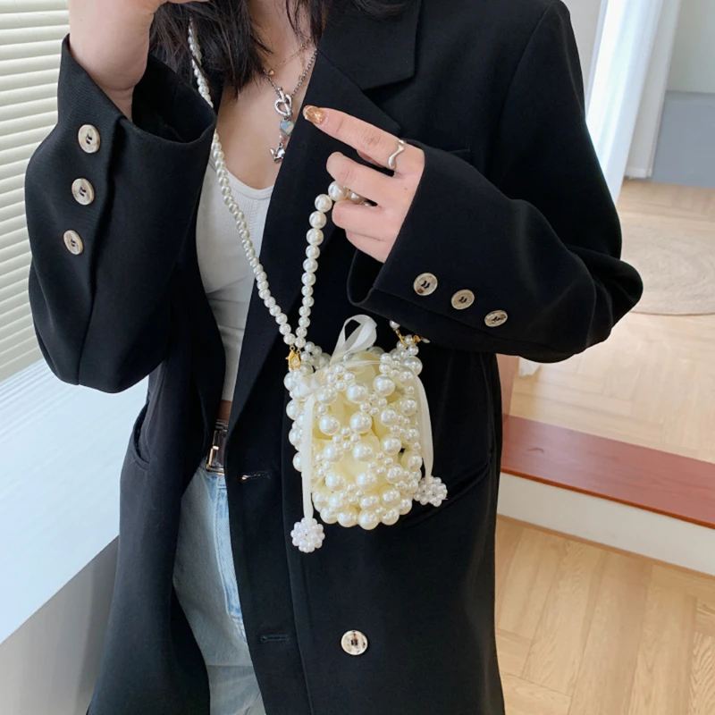 

Mini Pearl Beaded Bag White Beaded Fairy Portable Messenger Bags With Chain Female Purses And Handbags Cross Body Bag Woman