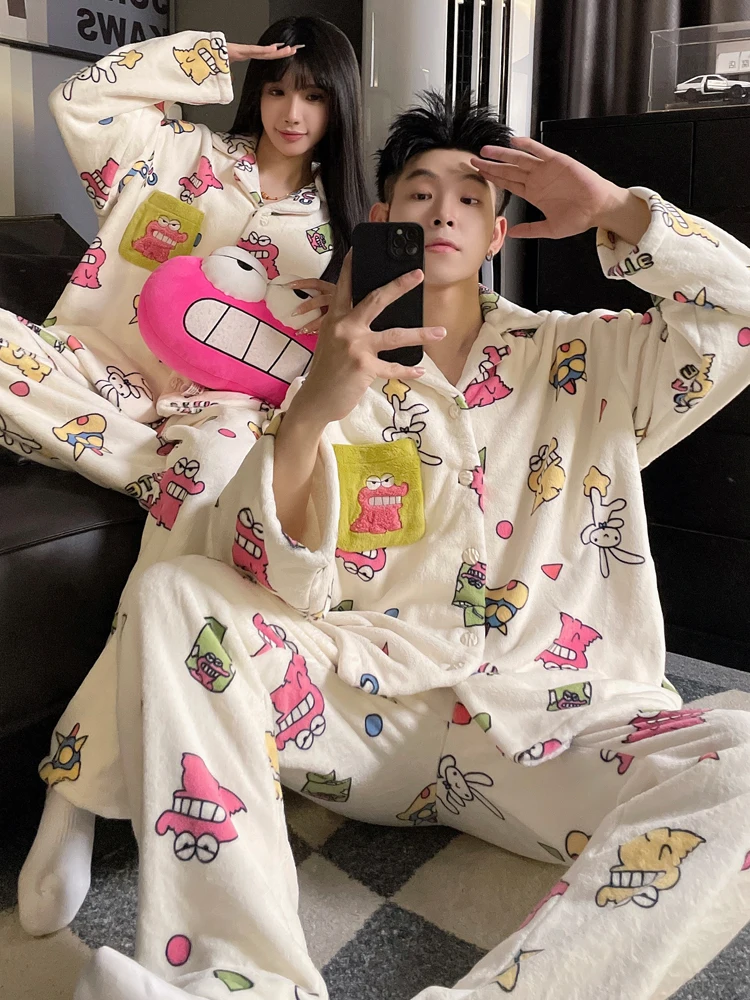 Couple Pajamas Winter Coral Fleece Thickened Fleece-lined Autumn and 2024 New Cute Men's Women Homewear