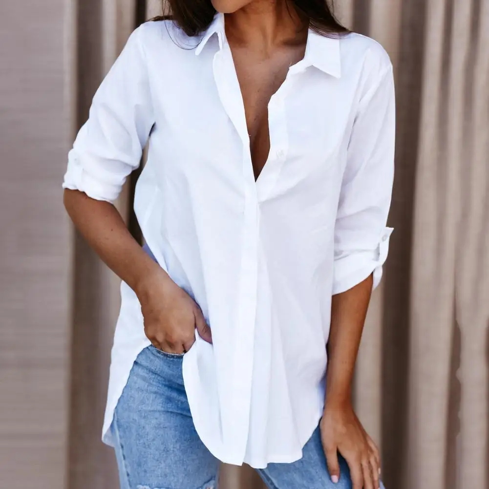 

Stylish Autumn Shirt Arc Hem Single Breasted Tunic Shirt Simple Casual Autumn Shirt