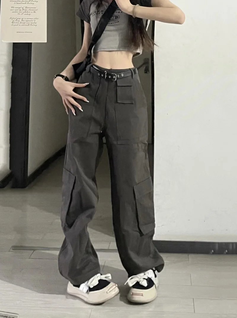 

Новинка 2023, повседневные брюки в гонконгском стиле для женщин, рабочая одежда с прямыми штанинами и несколькими карманами, свободные штаны с высокой талией, трендовые
