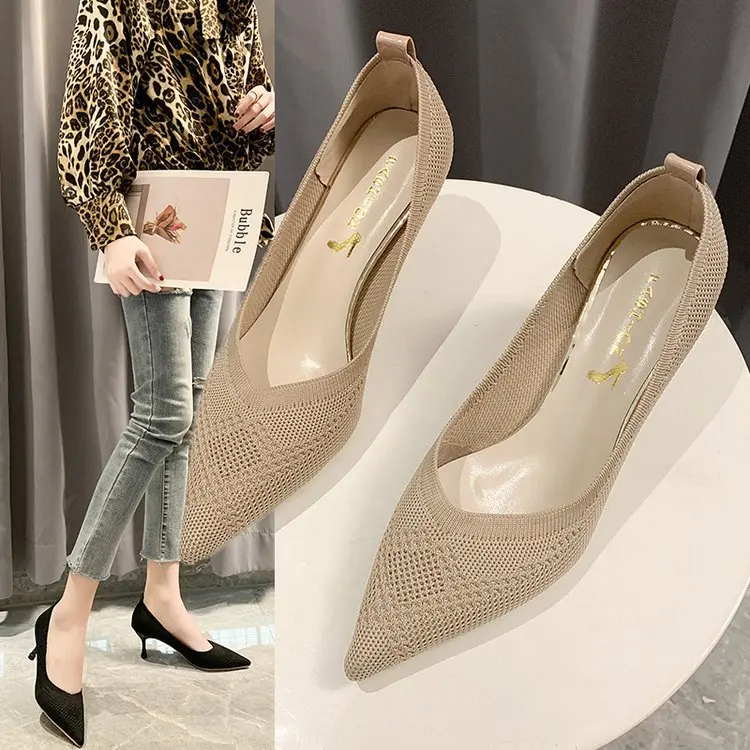 

Professional Work Shoes Pointed Toe Stiletto Knitted Single Shoes Fashion Black High Heels 2022 New Shallow Mouth Women's Shoes