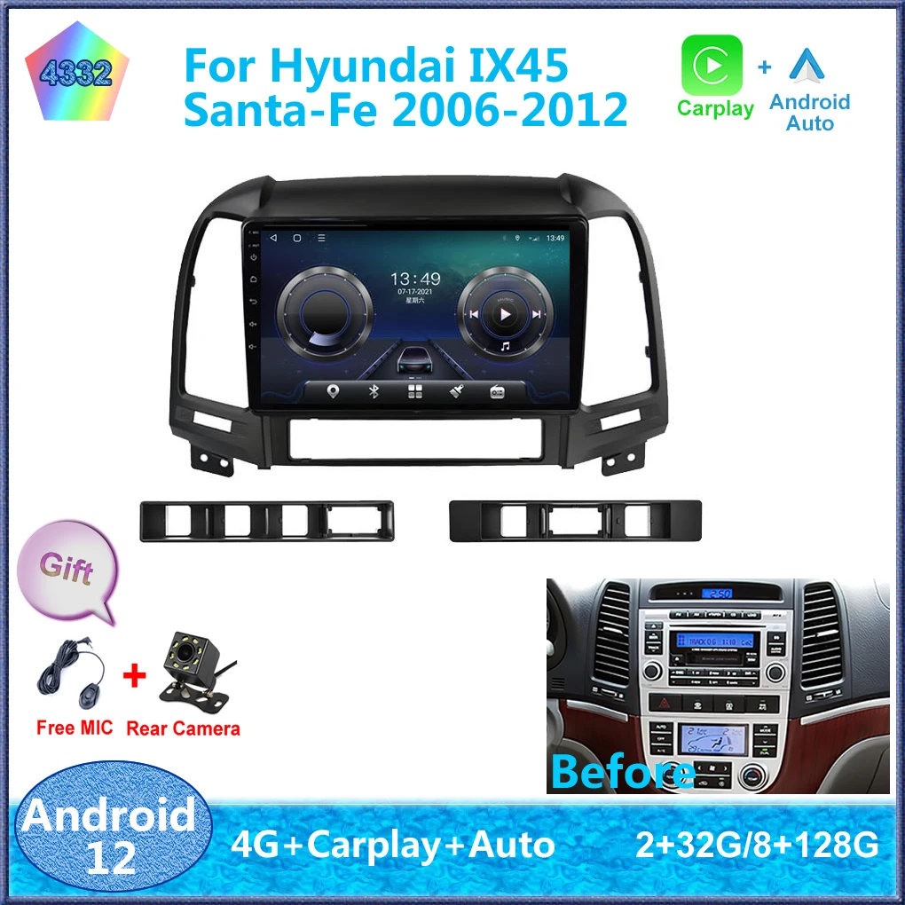 

9" For Hyundai IX45 Santa-Fe 2006-2012 Android 12 Carplay 8-Cores 4G Sim WiFi RDS Car Radio Stereo Multimedia Player Auto GPS