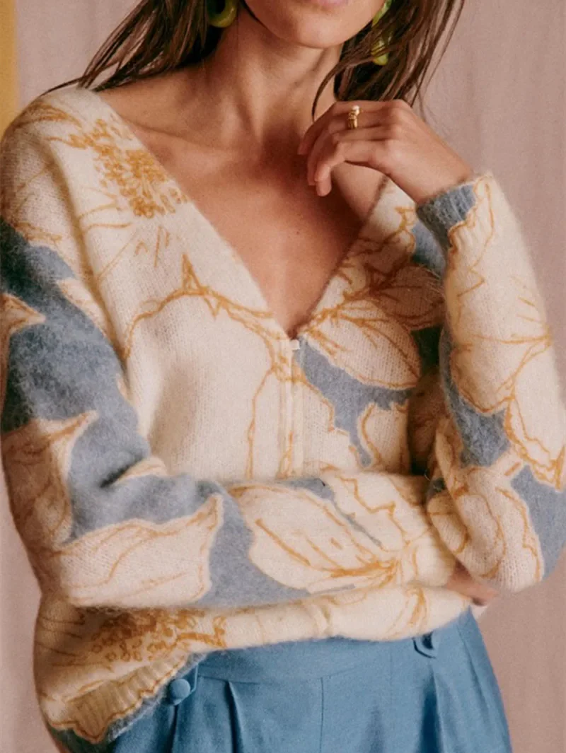 

Женский мохеровый кардиган с контрастными цветами, однобортный Повседневный винтажный свитер с длинным рукавом и V-образным вырезом, осень 2023