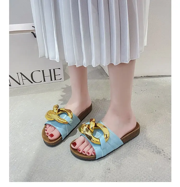 Women's Fashion Sandals 2022 Summer New Flat Bottom Solid Color Metal Chain Sandals Beach Women's Sandals  Women Shoes 43