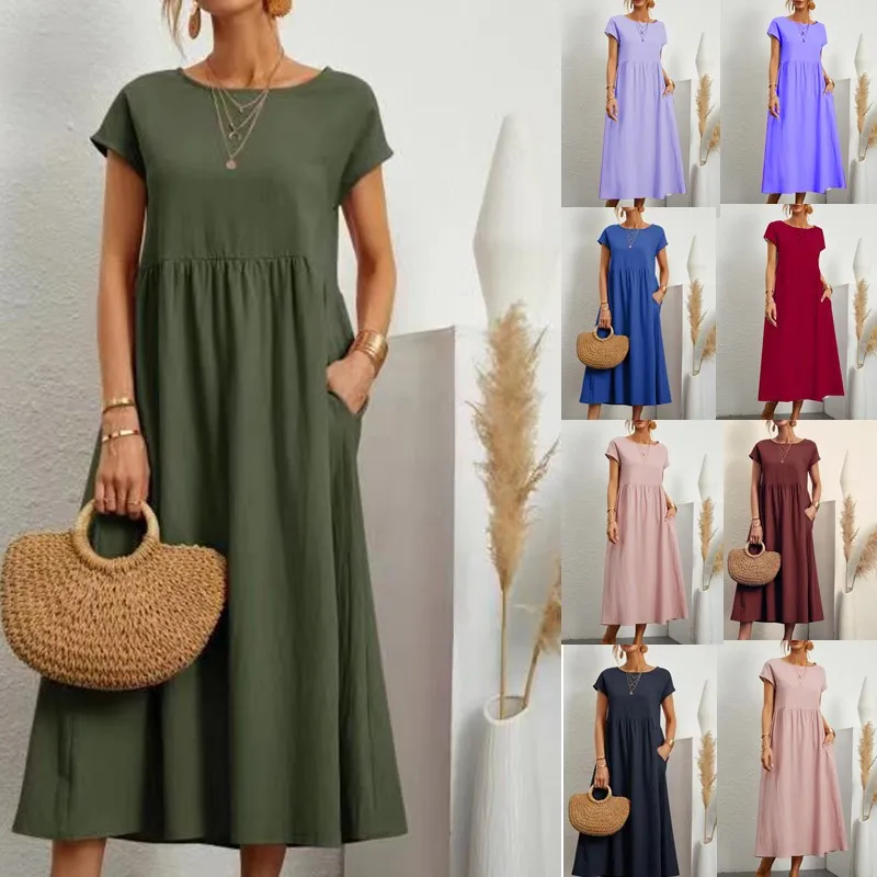 

Women Vintage Solid Dress 2023 Summer Elegant O Neck Short Sleeve Cotton Linen Dresses Female Casual Loose Sundress Long Dress