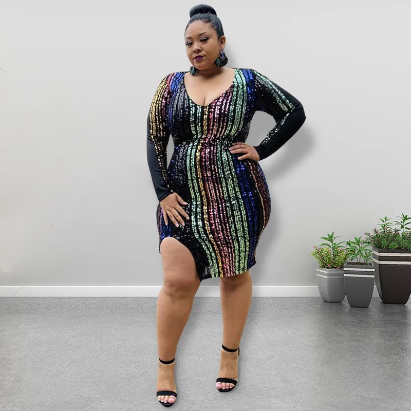Plus Size Evening Sequin Dress V Neck Split Club Clothing Female Luxury Elegant Robe 2023 Summer Women Trendy Party Mini Dress
