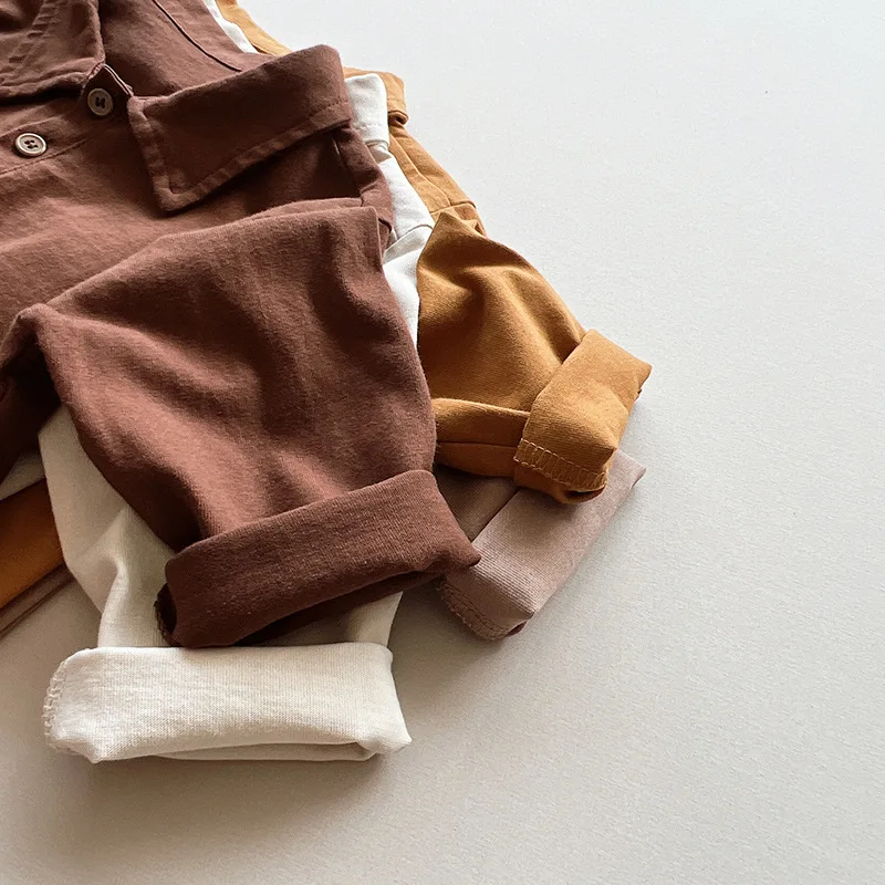 2022 New Children Casual T Shirts Solid Boys Girls Long Sleeve Lapel T Shirts Cotton Kids Bottoming Shirts Vintage Infant Tops