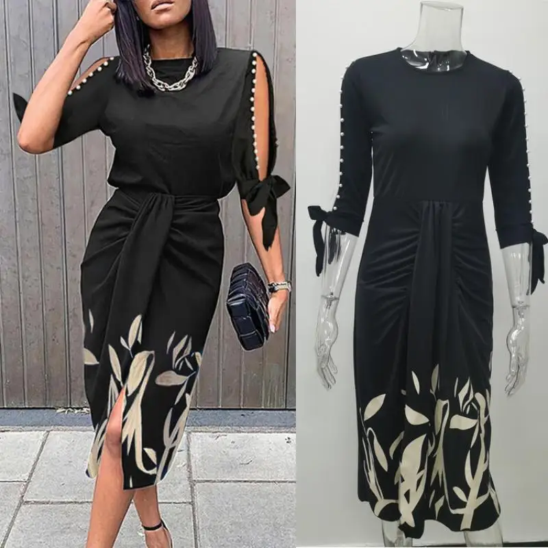 

Women's Summer Dress Sexy Print Cutout Lace-up Pleated Dress Lightweight Breathable O-neck Dress Female Women Casual Dress