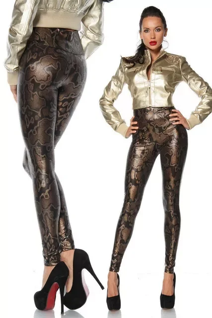 Lady fashion slim leggings High Waist Skinny legging women black gold snake printed pant small size faux leather pants