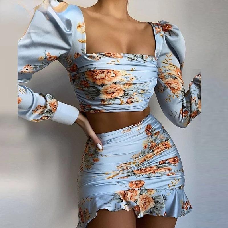 

Women Floral Print Long Sleeve Skirt Sets Sexy Square Collar Super Short Tops Fashion Ruffles Female Mini Skirt Two Piece Suit