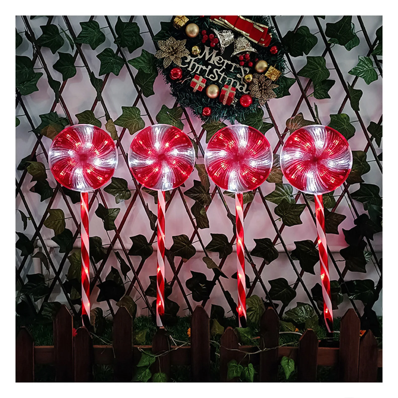 

Набор из 4 светильников на колышке леденцов, перечная мята, 8 режимов, украшения для праздника, Рождества, внутреннего дворика