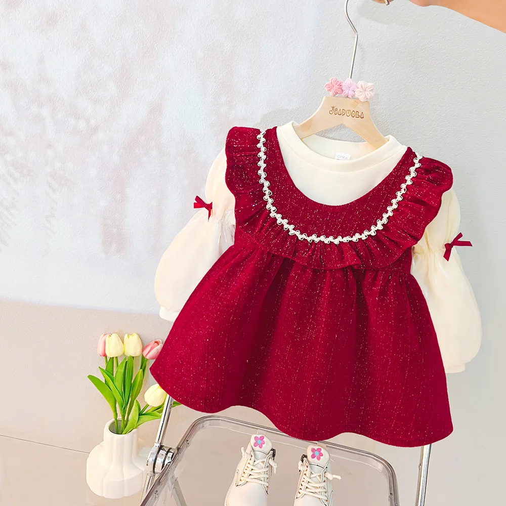 

New Winter Baby Girl Clothes Sets Sweet Birthday Dress Red Baptism Vestido Infantil Bowknot Princess Dresses for Wedding Party
