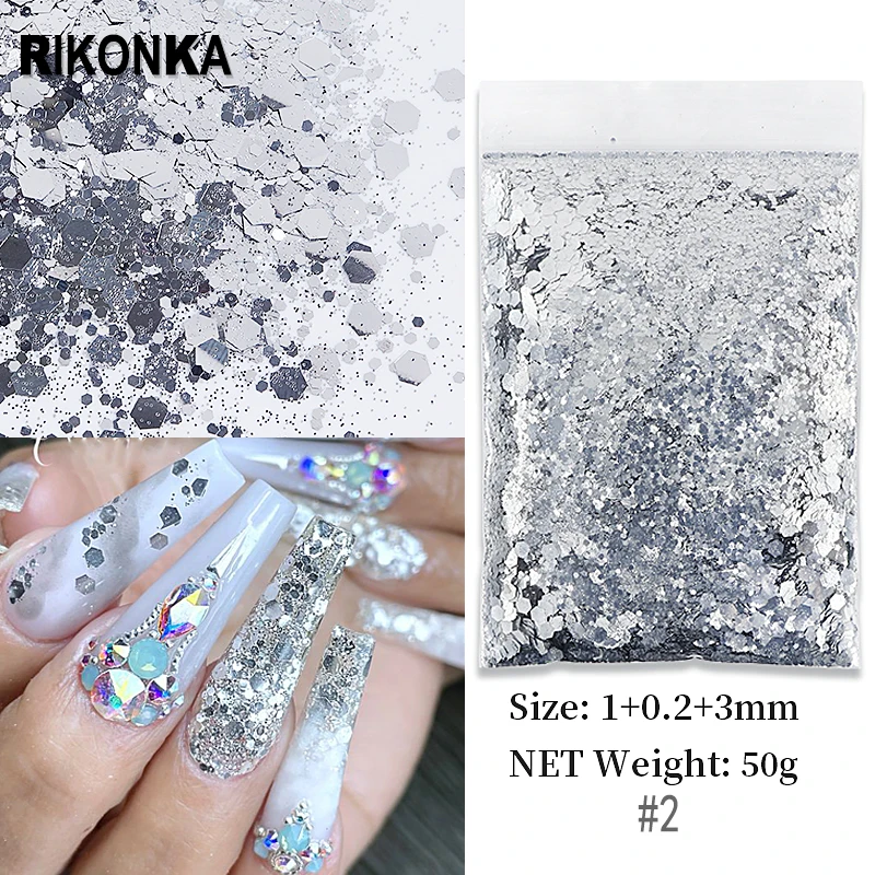 

50g Gold Sliver Hexagon Nail Art Sequins Bulk Mixed Chunky Glitter Holo Colorful Chrome Powder Nail Supplies For Professionals