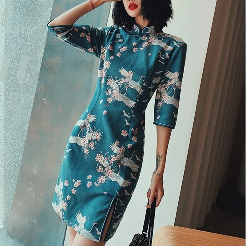 Китайское платье-Ципао с принтом журавлей традиционное китайское платье осенняя