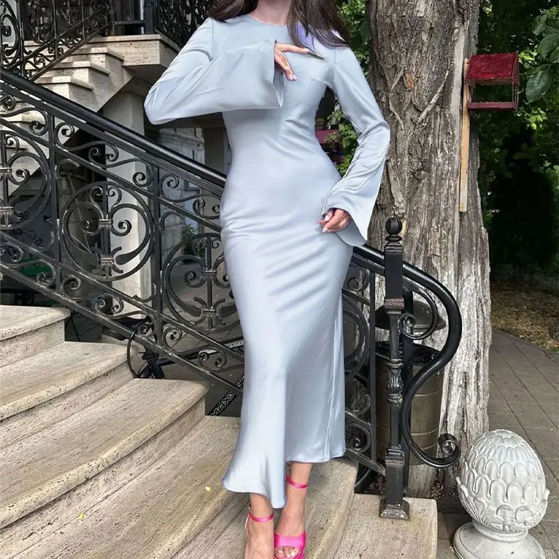 Женское атласное платье-макси с длинным рукавом и высокой талией