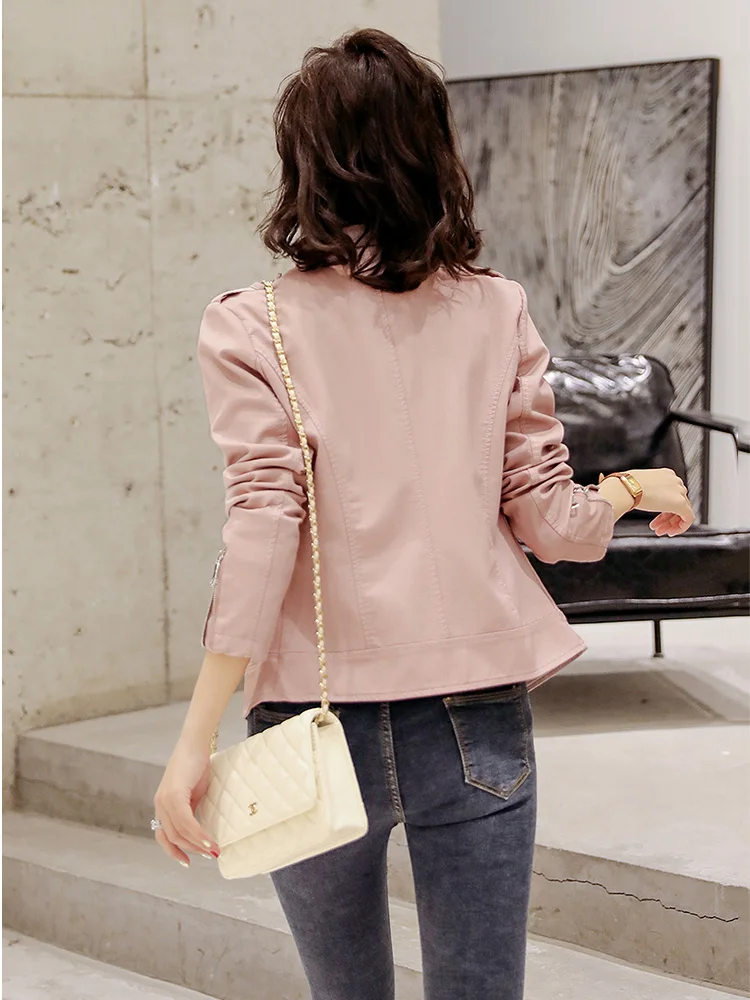 New Women Chic Pink Leather Jacket Spring Autumn Fashion Stand Collar Slim Short Sheepskin Jacket Split Leather Biker Outerwear