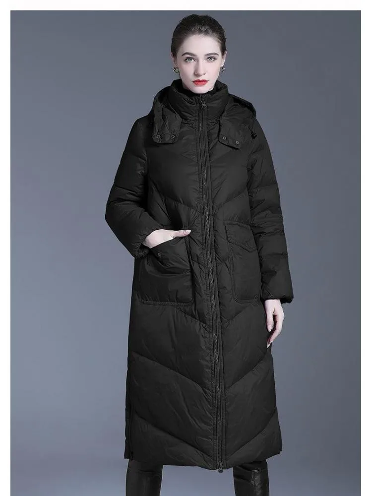 European Station 2022 Winter High End Long Thicked Warmer Black 90 White Duck Down Coats Women Loose Bread Cloth Jackets