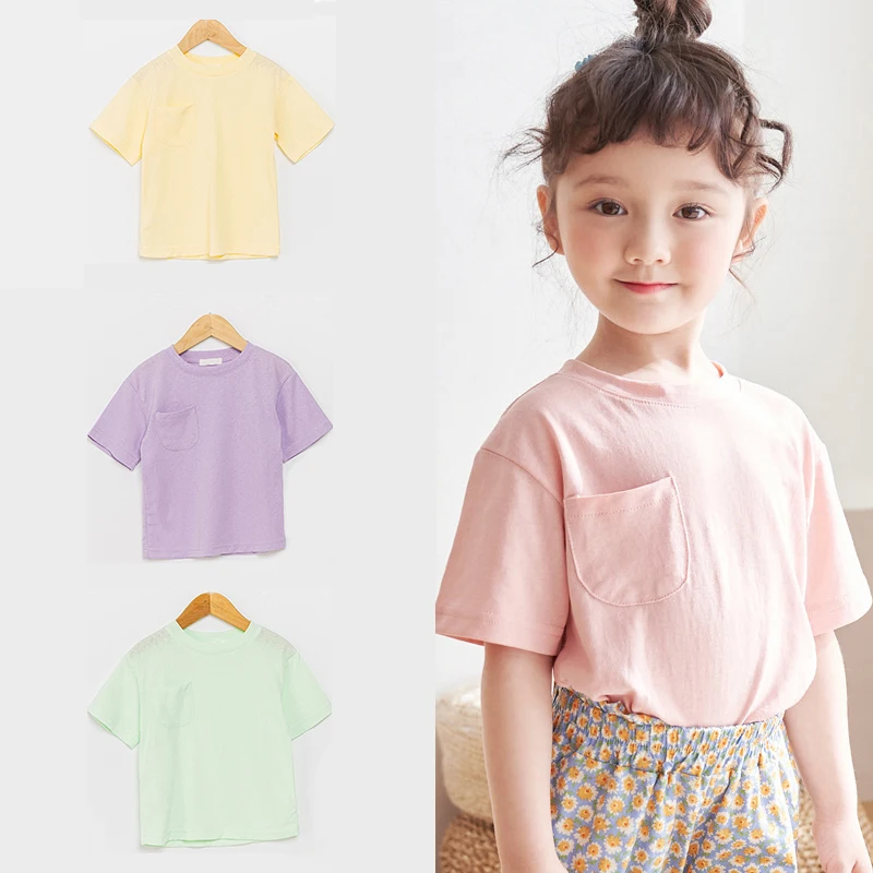 

Детская Повседневная футболка, хлопковая Однотонная рубашка с коротким рукавом для малышей, тонкие топы для мальчиков и девочек, летняя дет...