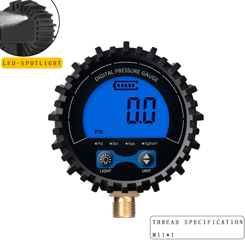 

Digital Pressure Gauge with M11 Screw Thread Bottom Connector Dial Size Resolution 0.1psi Range to 200 psi Durable