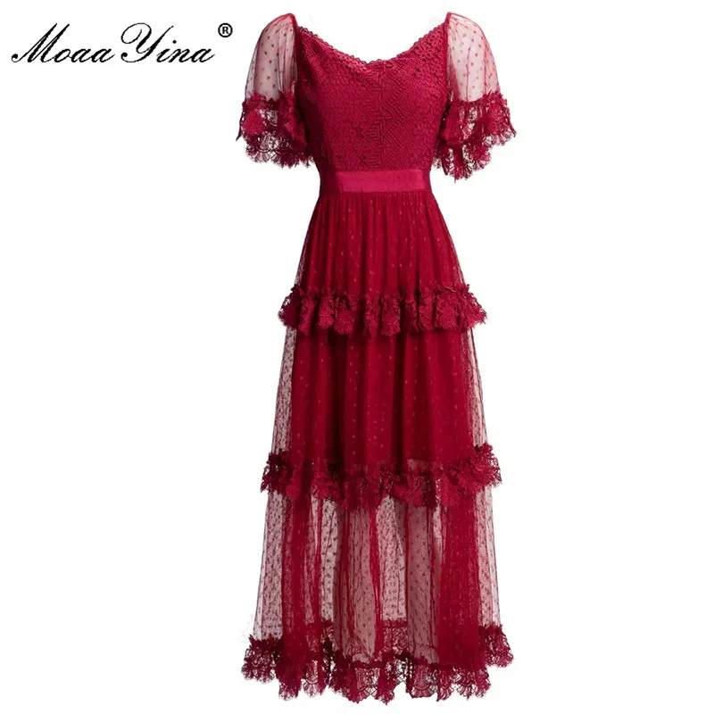 

MoaaYina, модное подиумное платье, летнее женское платье, Сетчатое, сексуальное, v-образный вырез, в горошек, на крючке, с цветочным узором, с оборками, красные вечерние платья