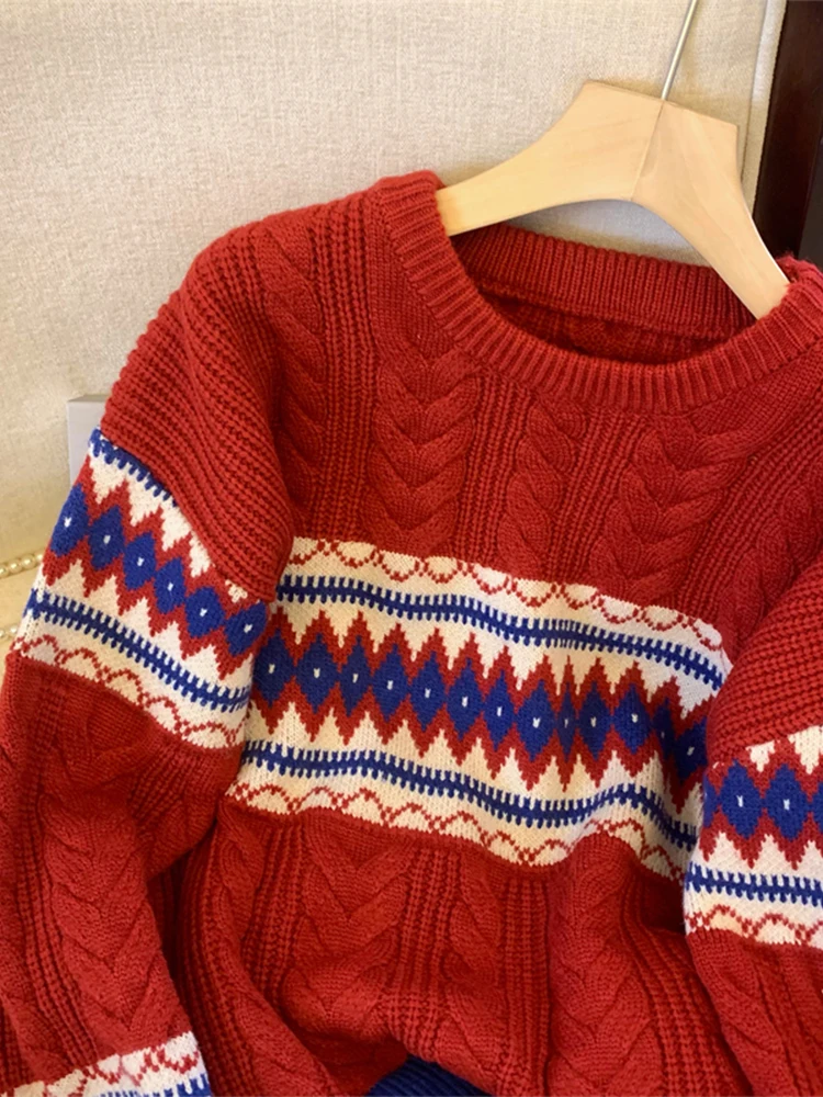 Женский рождественский красный пуловер свитер в стиле Харадзюку корейский