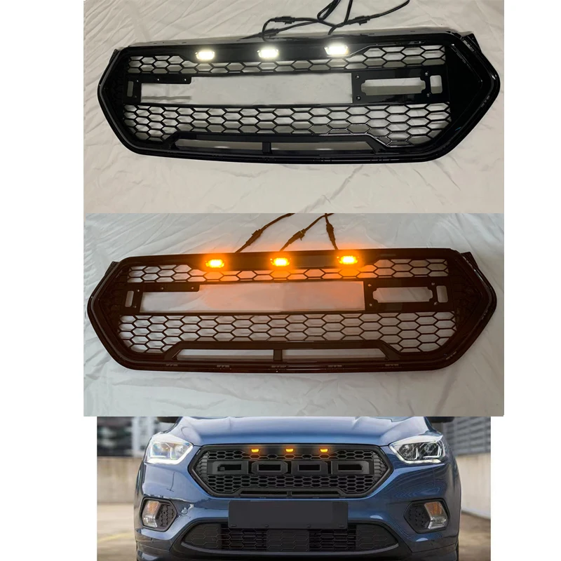 

Glossy Black Honeycomb Grille Front Bumper Mask Mesh Amber Led Racing Grills Upper Grid For Ford Escape Kuga 2017 2018 2019