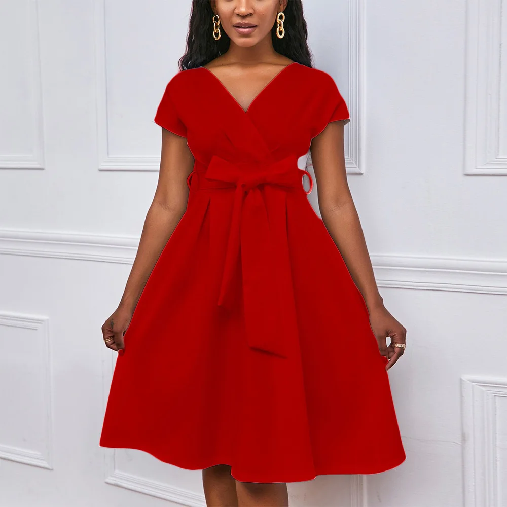 

Dresses for Women 2022 Elegant Wedding Party Solid A Line V Neck Short Sleeve High Waisted Knee Length Elegant Evening Night Hot