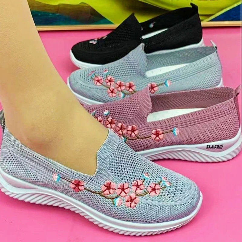 Women Sneakers Mesh Breathable Floral Comfort Mother Shoes Soft Solid Color Female Casual Footwear Lightweight Zapatos De Mujer