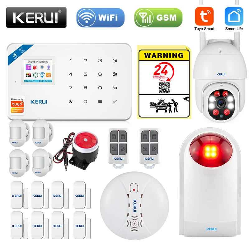 KERUI Smart Home Security Alarm System Kit W18 WIFI GSM Wireless Burglar PIR Motion Detector Control Fire Smoke Sensor IP Camera