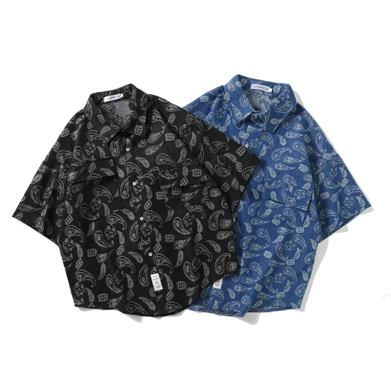 Cashew nut flower print short-sleeved shirt men and women loose trend street denim jacket summer top trendy blue black