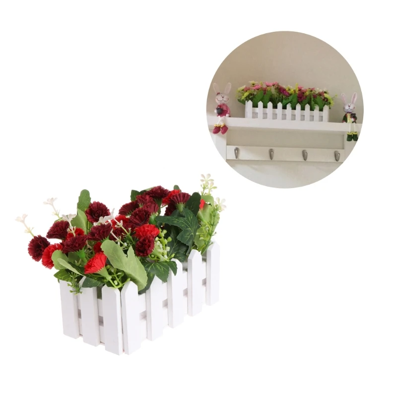 

D0AD Artificial Flowers Fake Carnation in Picket Fence Pot Home Wedding Party Decor