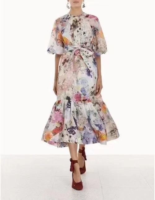 

Multi Floral Print Mermaid Elegant Frill Ruffle White Dress with Self Tie Belt 2022 Summer Top Quality Silk Linen Women Clothes
