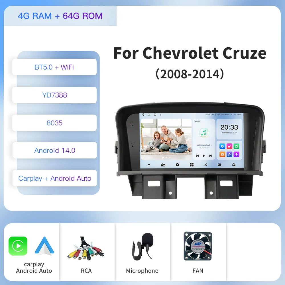 

Автомагнитола Kapud для Chevrolet Cruze 2008-2014, 7 дюймов, Android 12, Wi-Fi, GPS