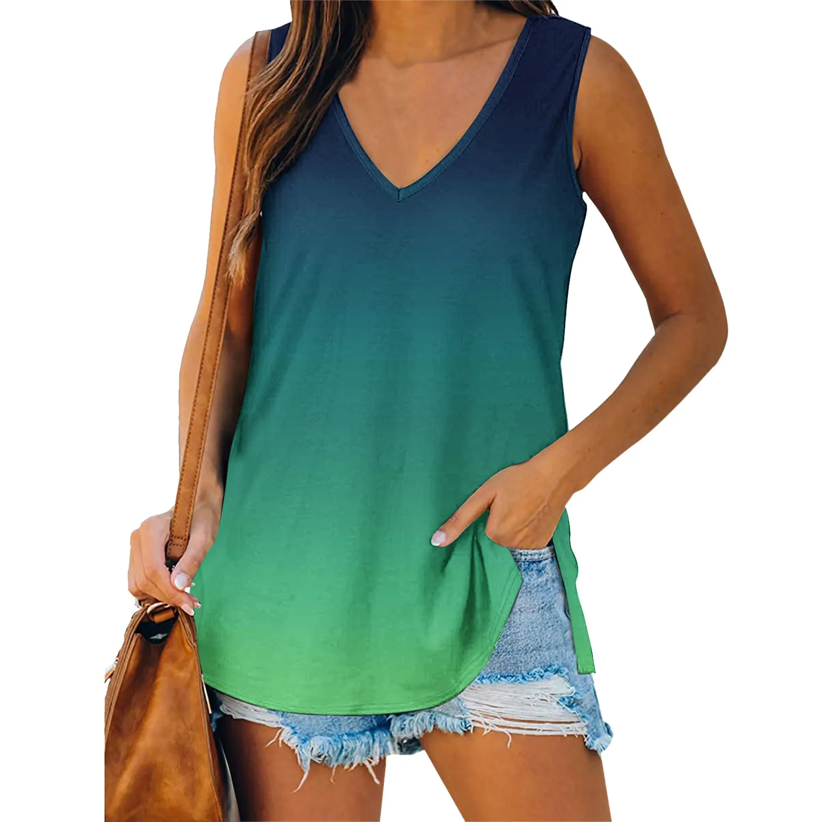 

Майка женская с V-образным вырезом, повседневный жилет с градиентным принтом, топ без рукавов, 90 градусов, черная рубашка