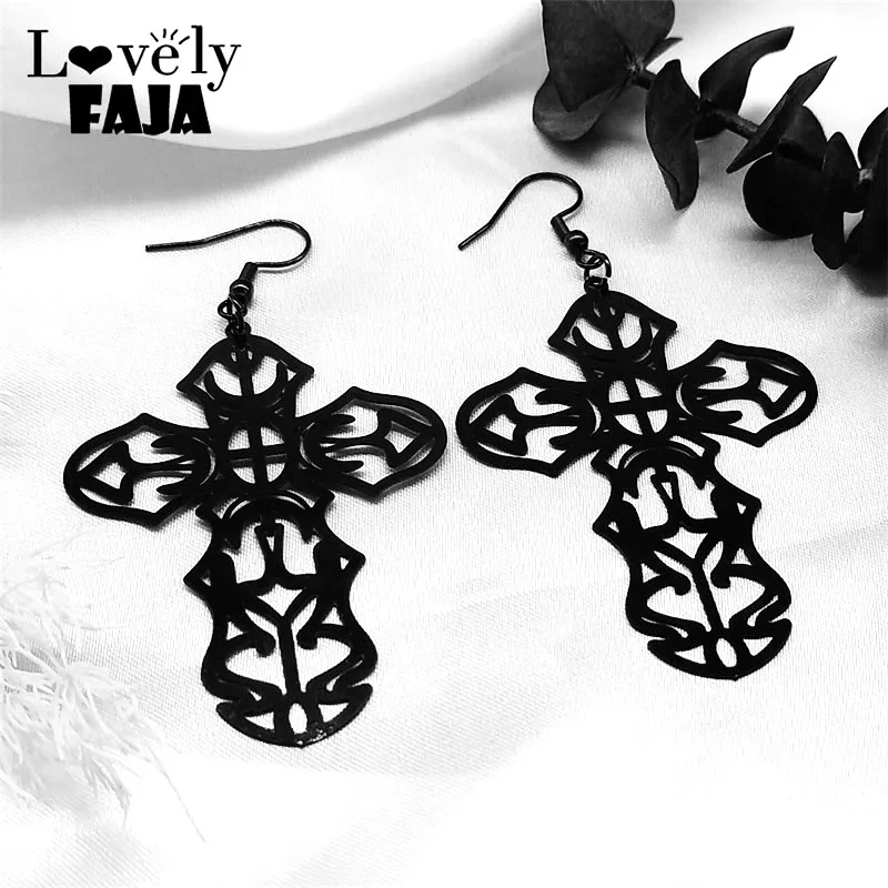 

Goth Cross Dangle Earrings Women Stainless Steel Baroque Gothic Vintage Fashion Statement Hollow Long Big Drop Earring Jewelry