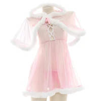 japan sweet lolita translucent pink plush hollow out dress kawaii princess girl binding short sleeve sexy dress party nightdress