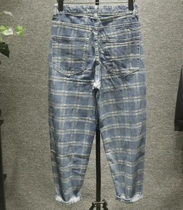Men Jeans Plaid Denim Pants Men's Straight Loose Fashion Casual Denim Wide Leg Daddy Pants