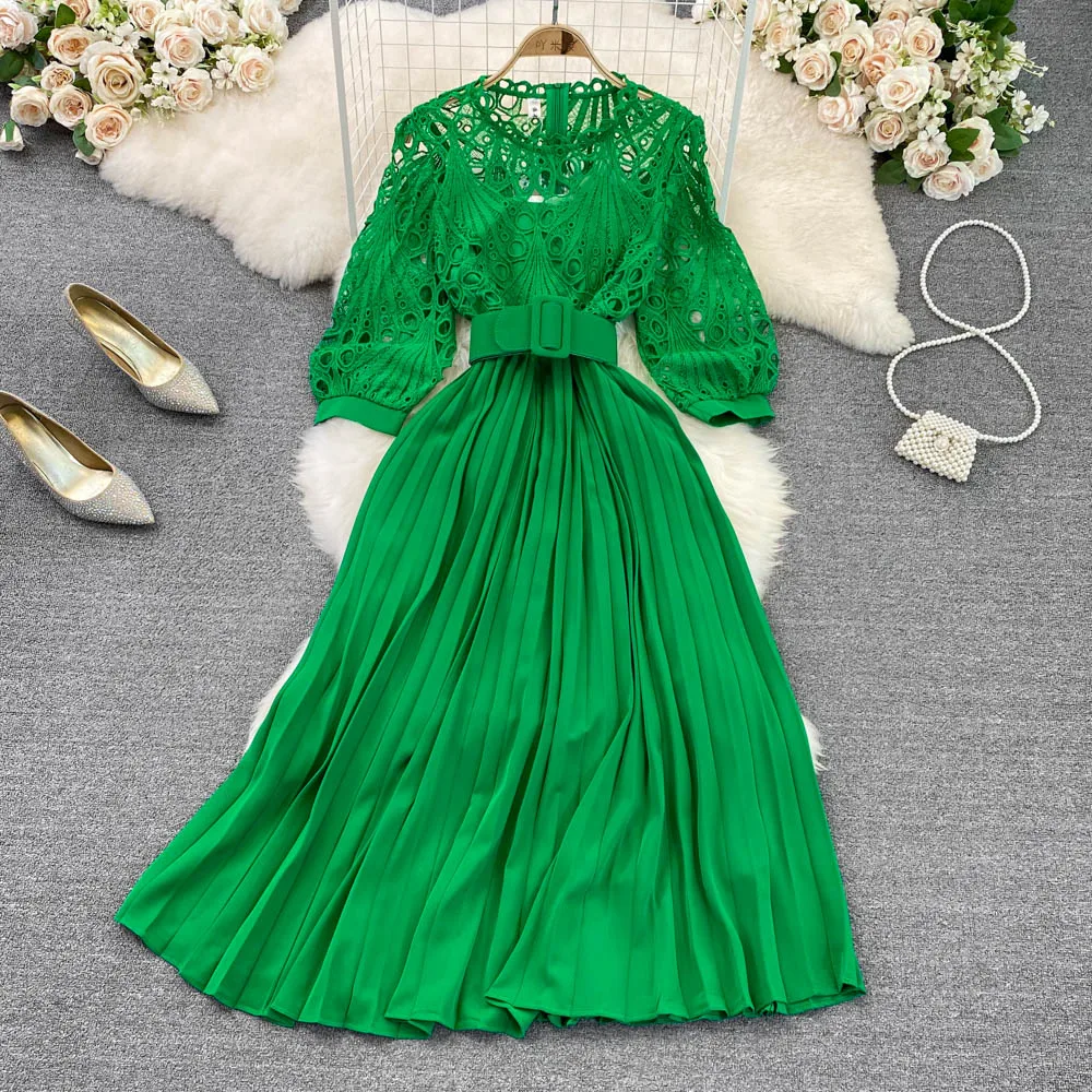 Women's Elegant Hollow Out Pleated Dress Summer Chic Short Sleeve High Waist A Line Long Dress Lady Streetwear Party Vestido
