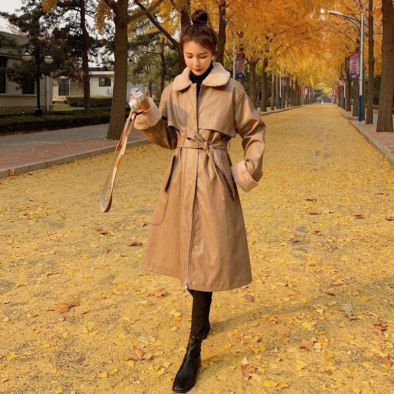 Winter Motorcycle Coat Lamb Wool Parker Cotton Coat Cashmere Thickened Leather Coat Women
