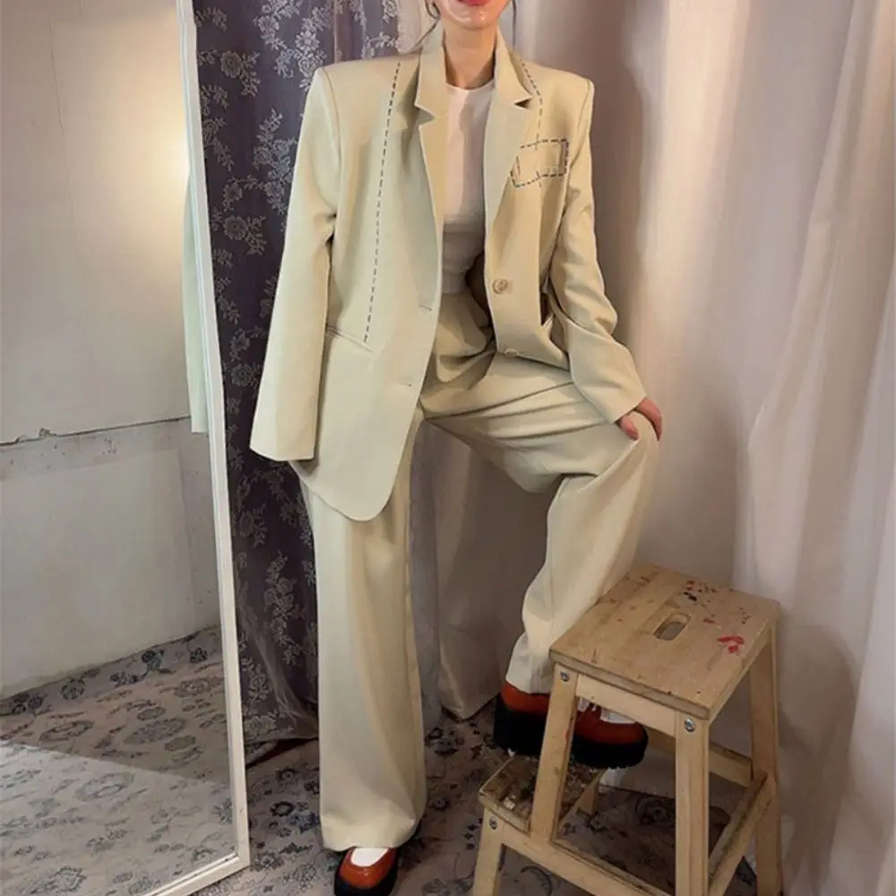 2023 Spring Fashion Loose Women Trouser Suits Long Sleeve Single-Breasted Blazer & High Waist Pants Office Ladies 2 Piece Set