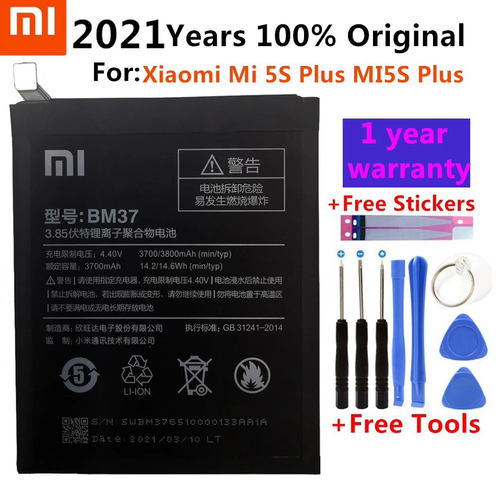 

Original Xiaomi Mi 5S Plus Battery BM37 3800mAh for Xiaomi Mi 5S Plus MI5S Plus High Quality BM37 Replacment Phone Battery+Tools